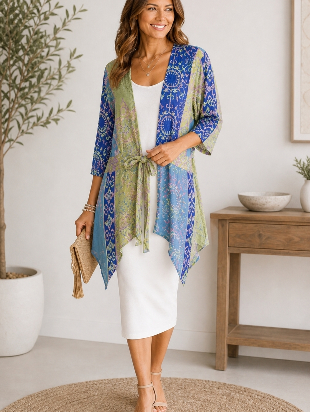 Soft Surroundings Floral Scarfed Kimono in Lime, Purple & Pink - Picture 7 of 11